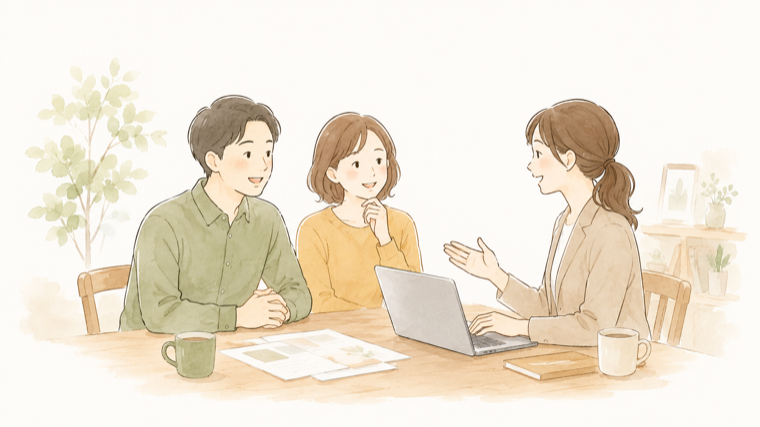 お客様のご要望を、にこやかにヒアリングしている相談の様子のイラスト