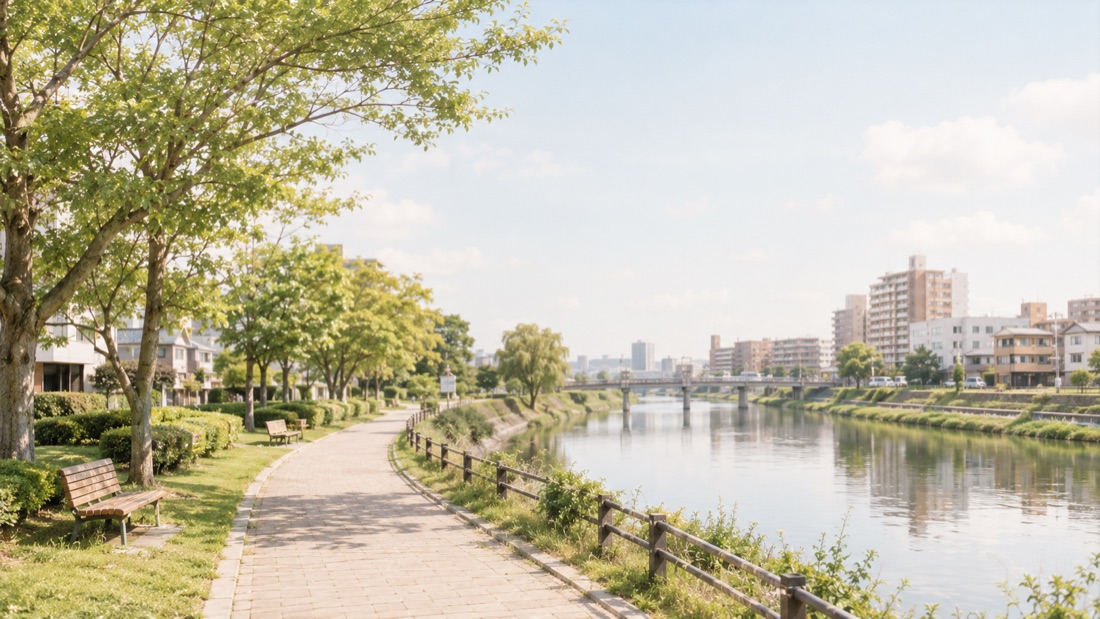 朝霞市周辺の、川沿いの遊歩道と公園の風景