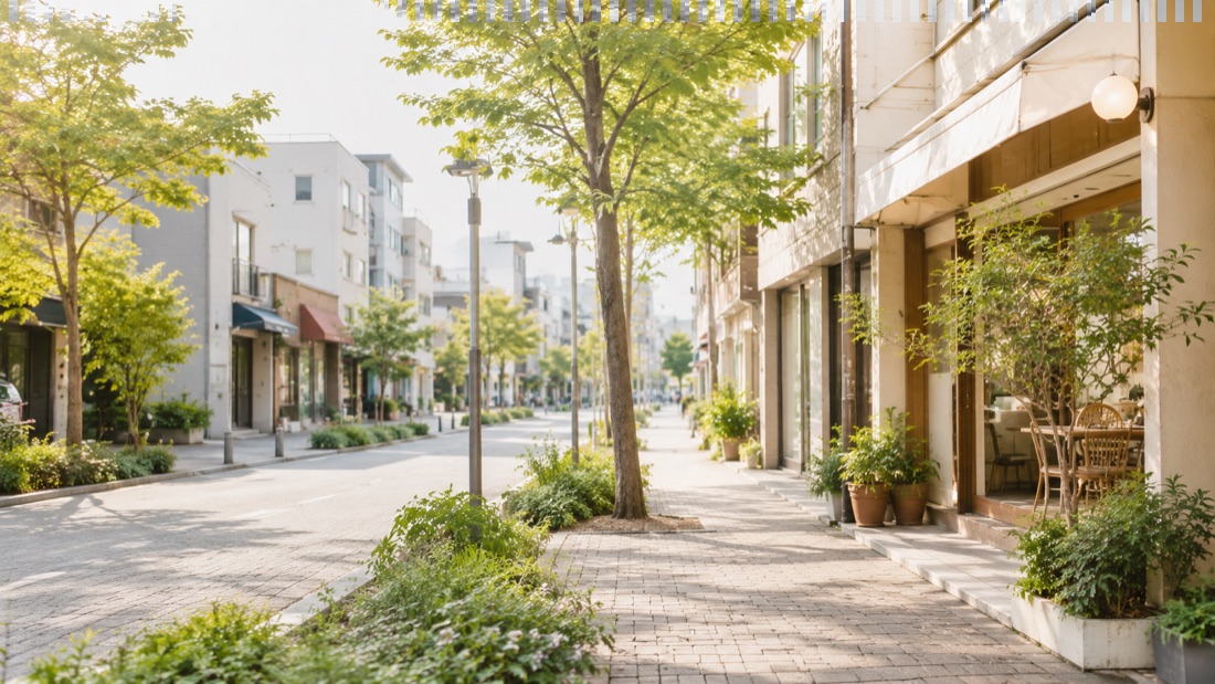 朝霞市周辺の、緑のある落ち着いた商店街の通り