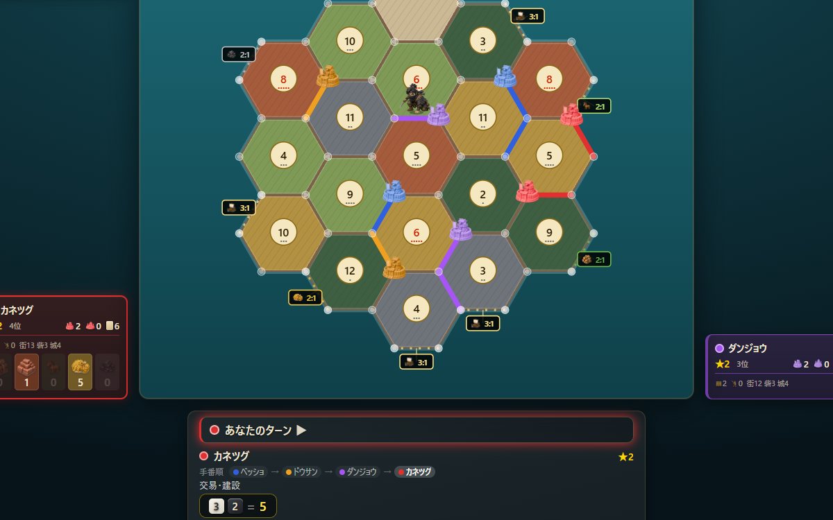 自主制作ボードゲーム 百万石 の対戦中の盤面